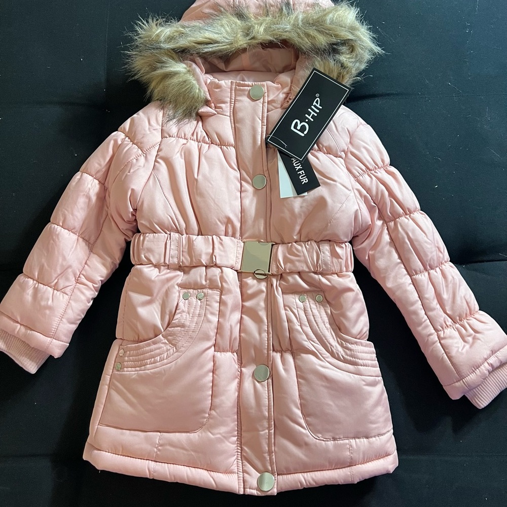 Bhip Girls Belted Puffer Jacket with Faux Fur Trimmed Hood